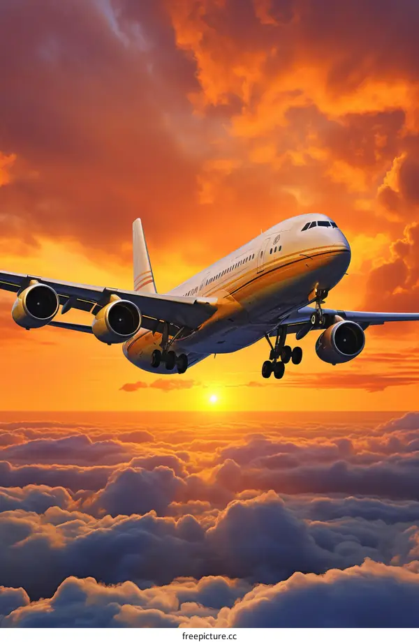 airplane flying above clouds during sunset