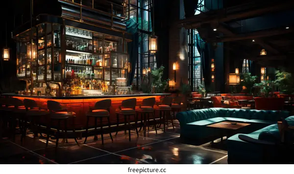 Stylish bar interior with blue couch and orange barstools