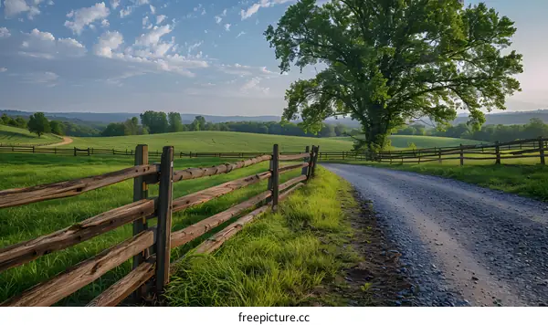 Countryside Landscape with Wooden Fence and Dirt Road