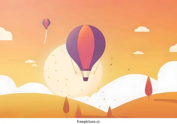Hot Air Balloon Flying Over Landscape Sunset Illustration