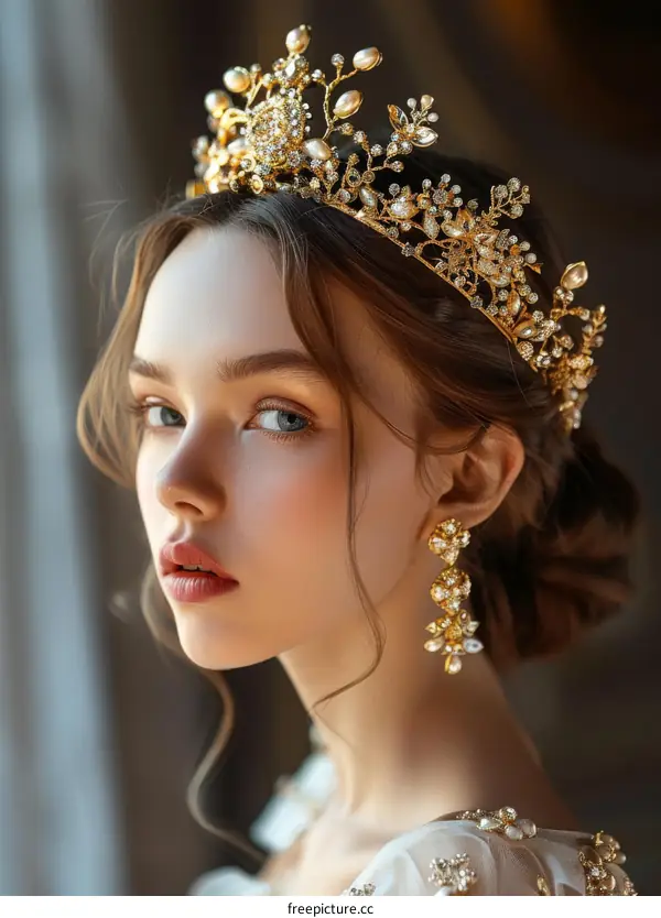 Portrait of a young woman wearing a golden crown and earrings