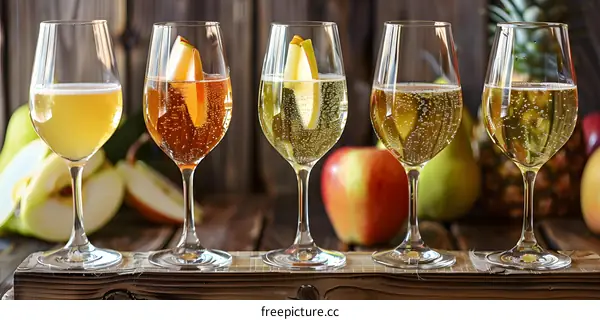 Four Glasses of Sparkling Cider With Apple and Pear Slices