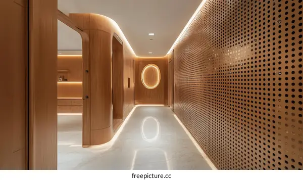 Modern Wooden Corridor with Perforated Wall