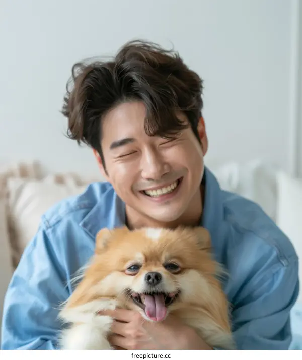Asian man hugging a Pomeranian dog