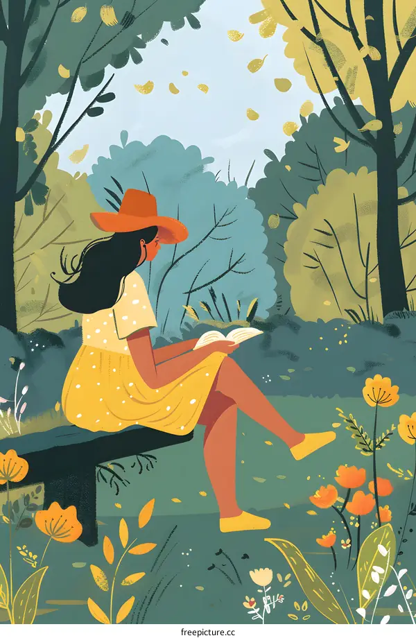 Woman Reading in a Summery Forest Illustration