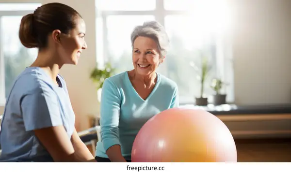 Physical therapist talking to senior patient