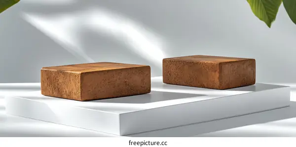 Two Brown Rectangular Blocks on White Display Platform