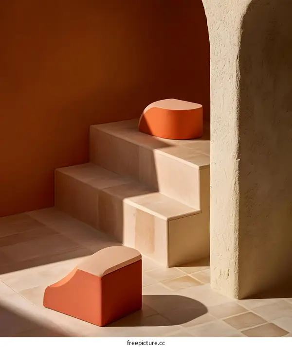Modern Furniture Design, Two Orange Cushioned Seats On Beige Stairs And Wall