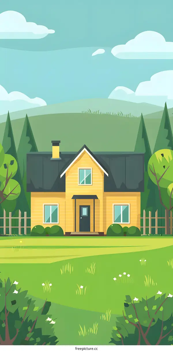 Cartoon Illustration of a Yellow House With Green Grass and Trees