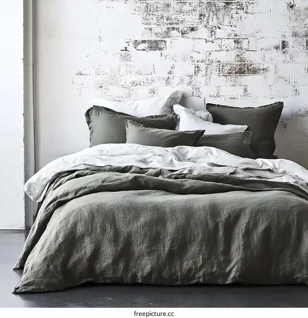 Green Linen Bedding Set  On A White Brick Wall