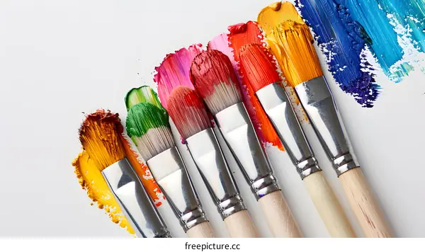Colorful paintbrushes and paint on a white background