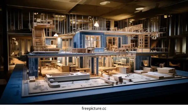 Detailed Wooden Model House with Blue Interior