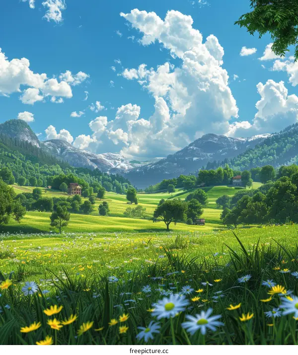 Serene Mountain Landscape with Blooming Flowers