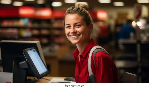 Portrait of a young woman working as a cashier in a supermarket
