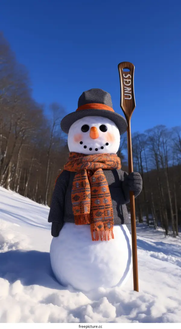 A snowman wearing a hat and scarf stands in the snow holding a sign that says UNGS