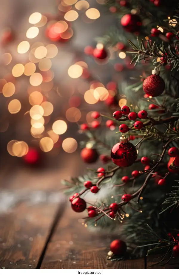 Red Christmas Ornaments on a Blurred Lights Background