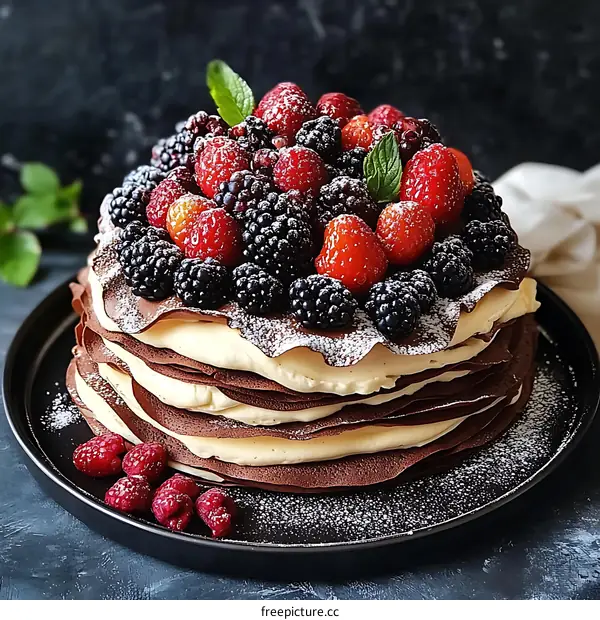 Layered Chocolate Crepe Cake Decorated with Berries