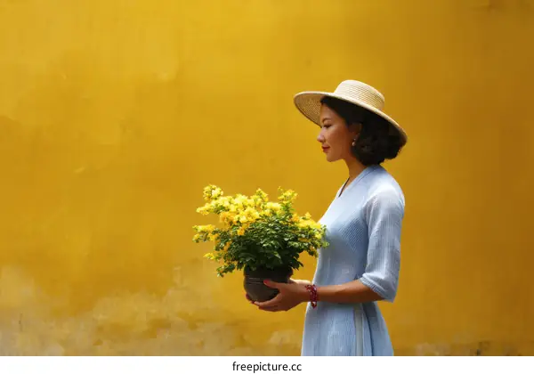 Woman with Yellow Flowers by Yellow Wall