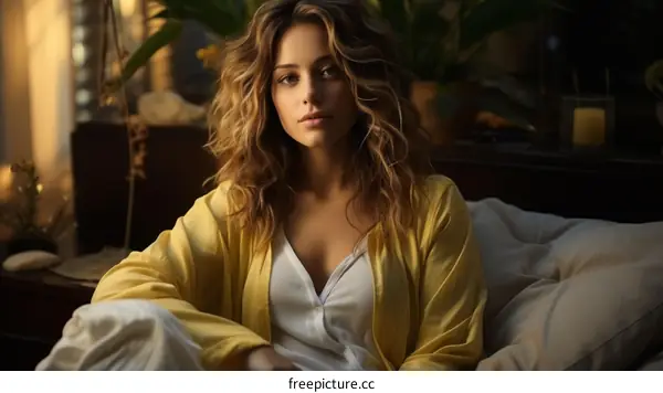 Portrait of a beautiful young woman with long brown hair wearing a yellow robe