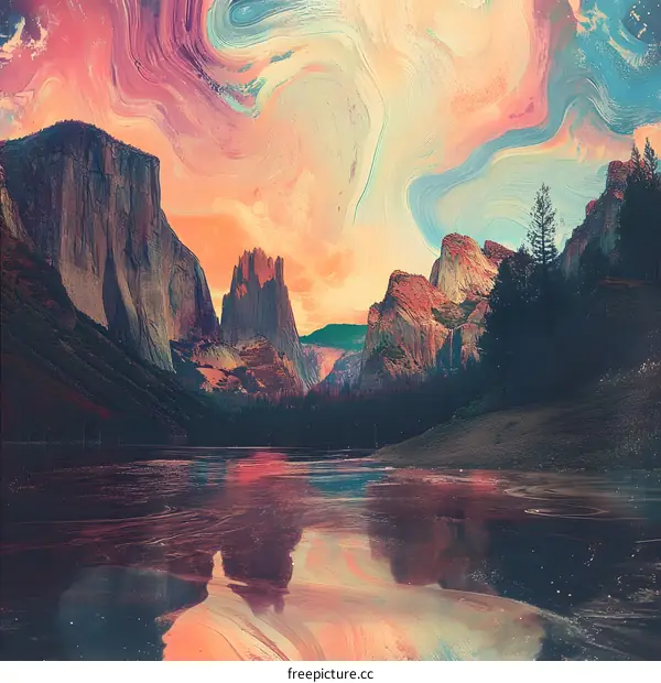 Abstract Painting of Mountain Landscape with Lake