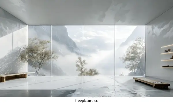 Minimalist and luxurious living room with huge glass windows and mountain view