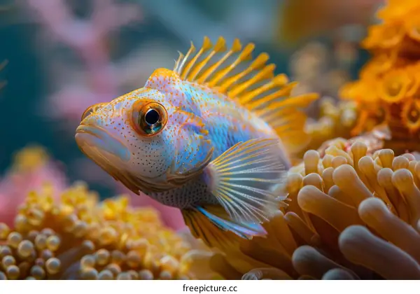 A tiny vibrant fish swims elegantly by a colorful coral reef