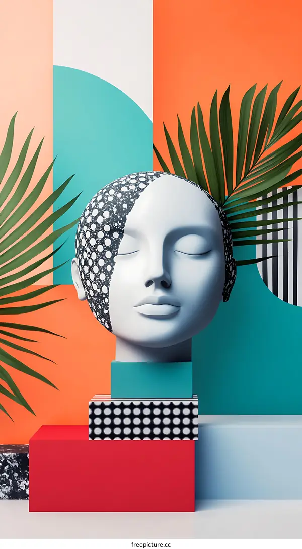 Abstract Art Sculpture With Palm Leaves And Colorful Background