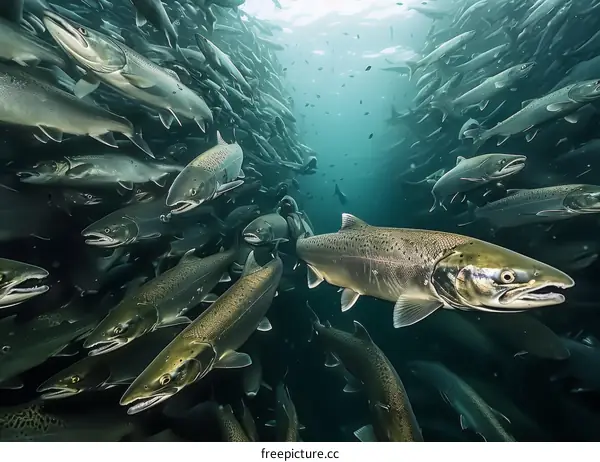 Underwater image of a large school of Atlantic salmon