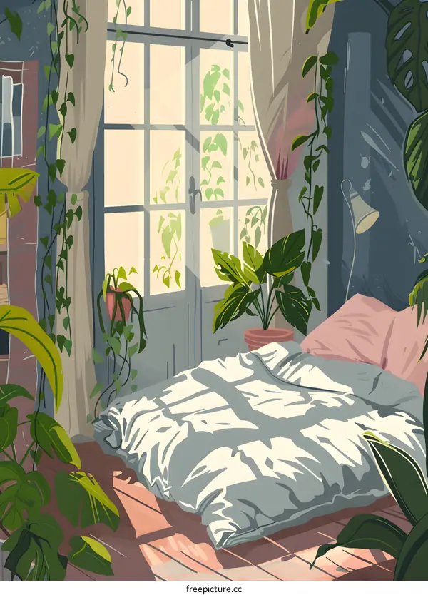 Green Plants Sunlit Bedroom Interior Design Illustration