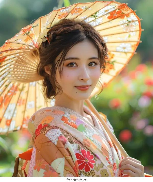 Portrait of a beautiful Japanese woman in traditional kimono with orange floral pattern holding a Japanese umbrella