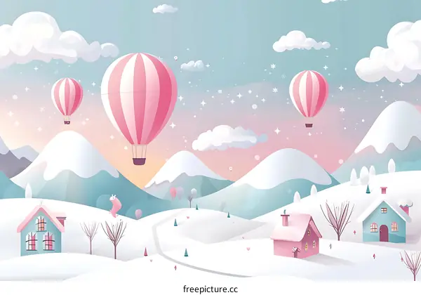 Winter Landscape with Pink Hot Air Balloons and Snowy Mountains