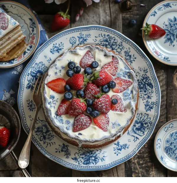 A Delicious Homemade Blueberry Strawberry Cake on a Blue and White Plate