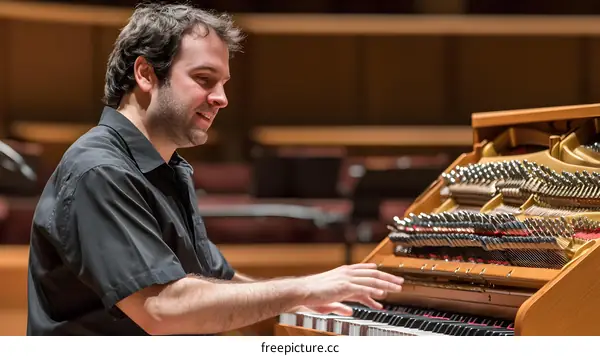 Man Playing Piano on Stage in Concert Hall