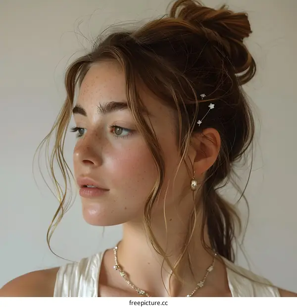 Young woman with freckles and messy bun hairstyle