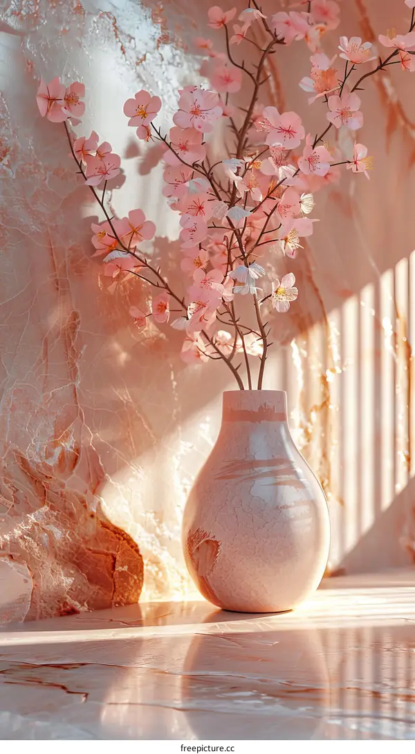 Pink Cherry Blossoms in a Vase on a Marble Surface