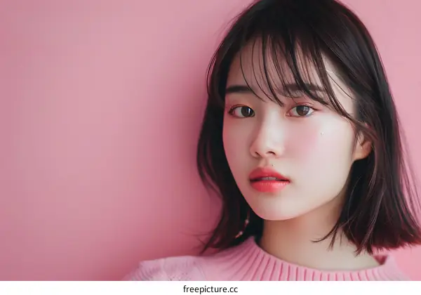 Portrait of a Young Asian Woman with Short Hair and Pink Sweater