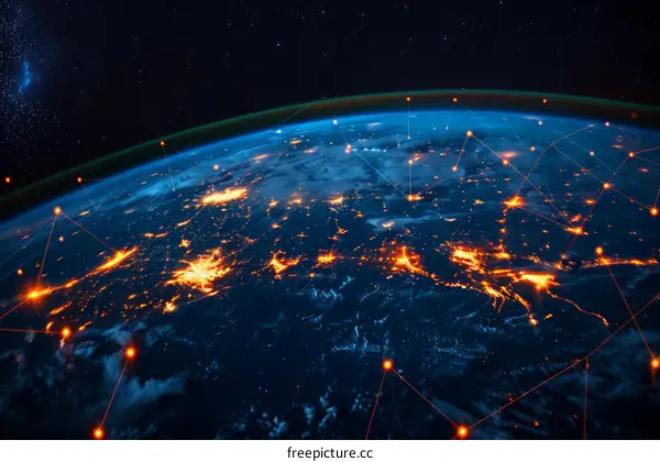 Earth from space showing city lights and telecommunications network