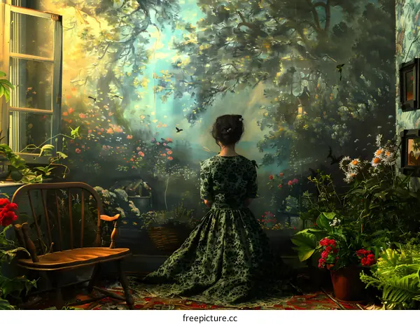 Woman in a Floral Dress Kneeling Before a Painted Garden Mural