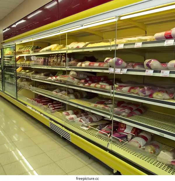 Supermarket Shelves Filled With Bags Of Rice
