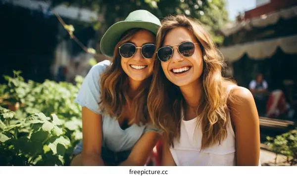 Two young women smiling and wearing sunglasses