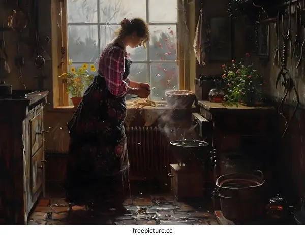 Woman Cooking in a Rustic Kitchen