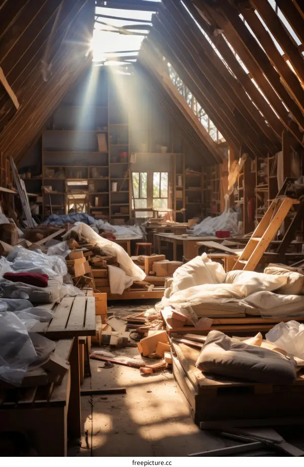 Attic of an abandoned house with sunlight shining through the broken roof