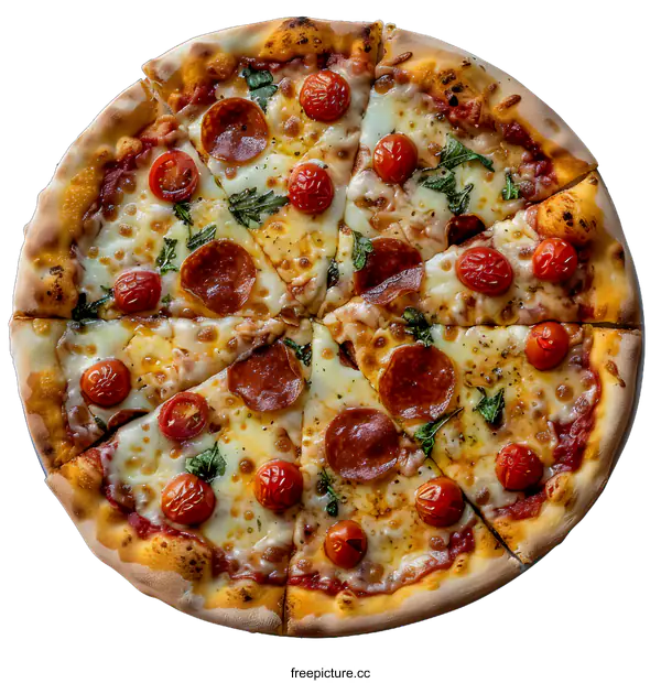 [Transparent Background PNG]A delicious pizza with pepperoni, tomatoes and basil.