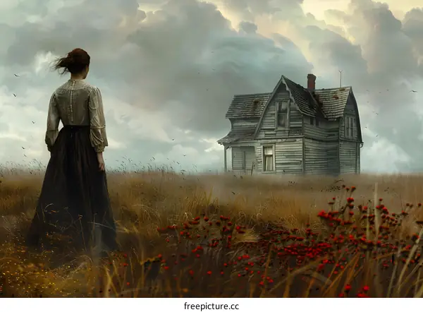 Woman in a Long Dress Gazing at an Abandoned House