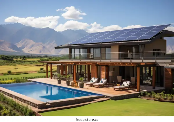 Modern house with solar panels and swimming pool