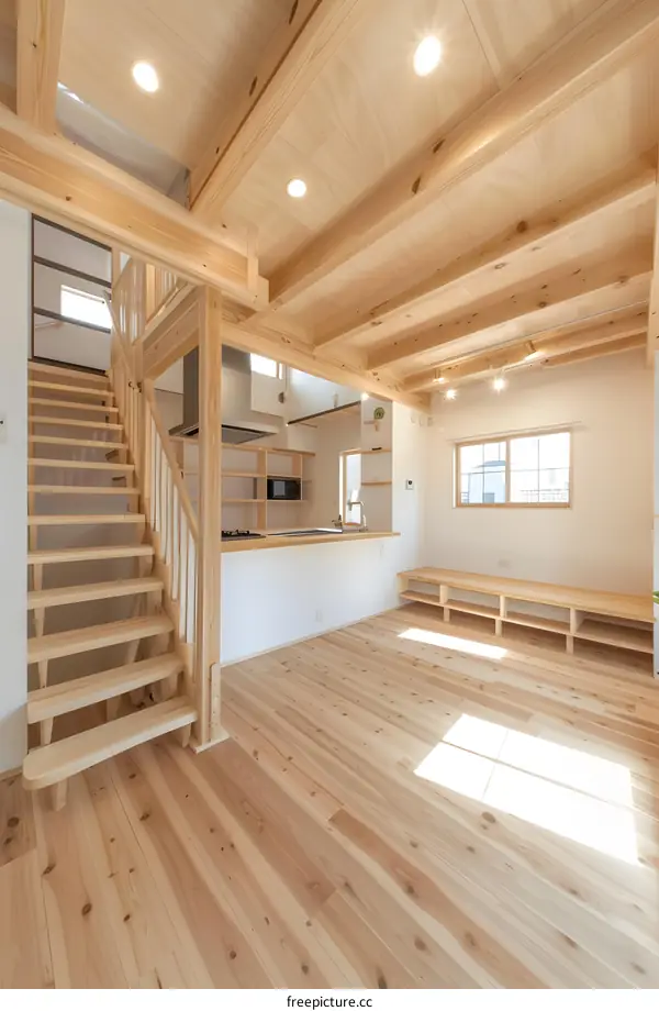 Modern Wooden House Interior Design with Exposed Beams and Light Wood Flooring