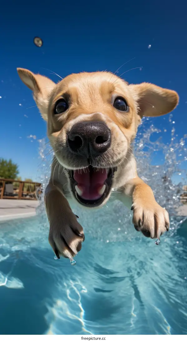 funny dog jumping out of water with mouth open and ears flapping