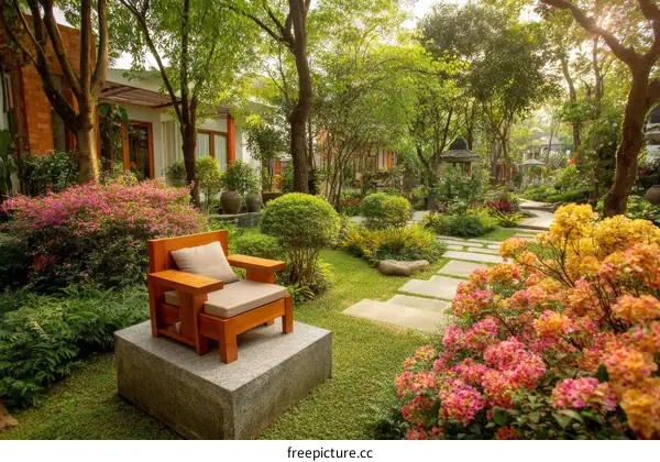 Peaceful Garden Scene with Wooden Chair