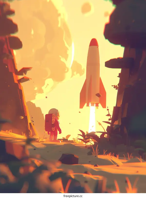 Astronaut Witnessing a Rocket Launch on a Vibrant Alien Planet