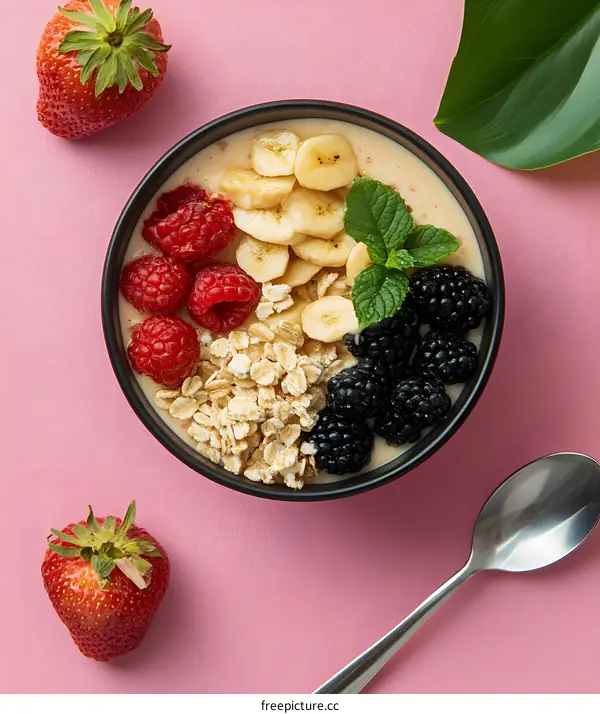 Healthy Breakfast Smoothie Bowl with Banana, Berries, and Oats